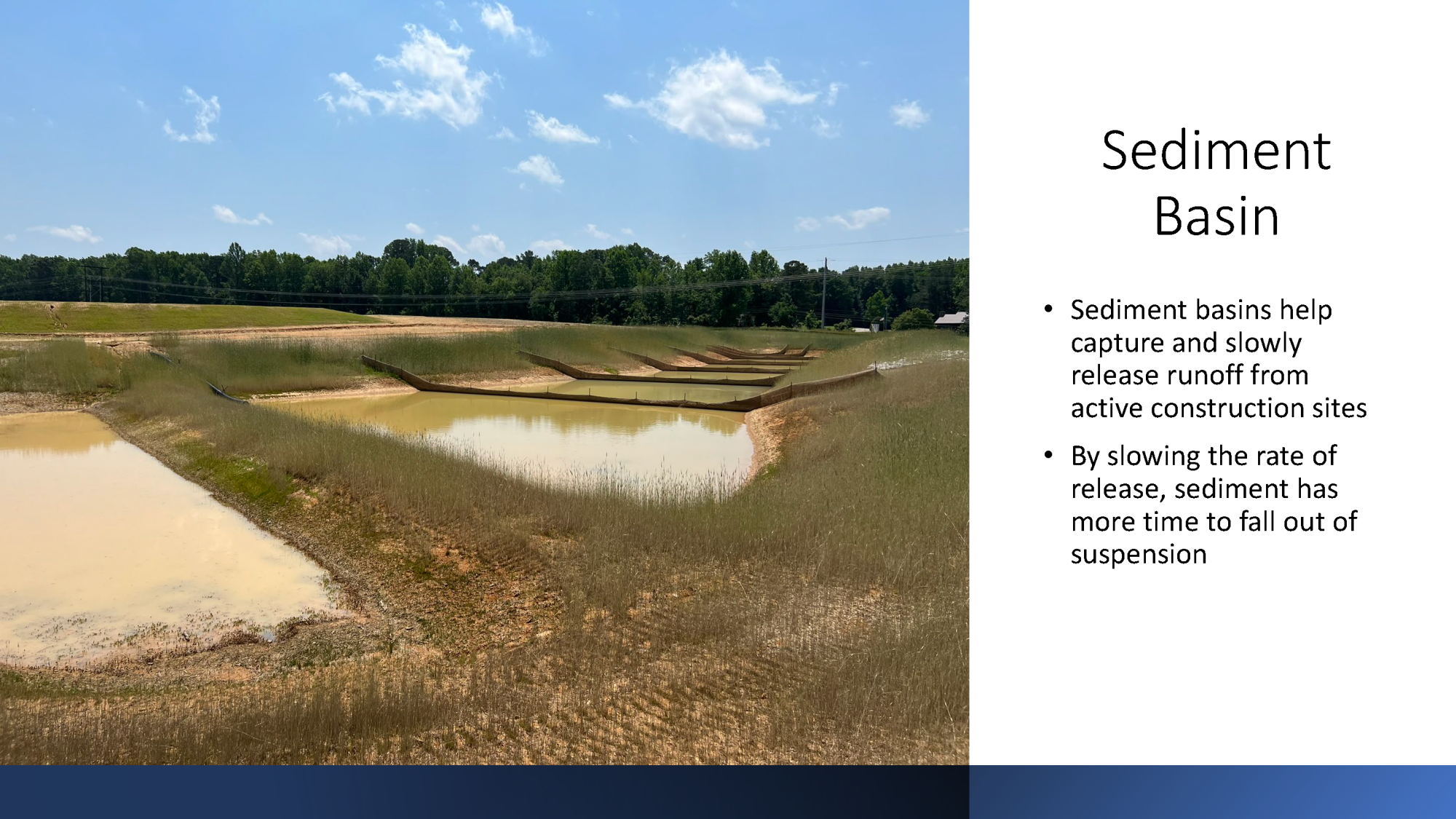 Stabilized sediment basin on active construction site with turbid water present 