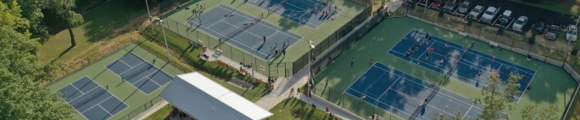 Aerial picture of pickleball courts and tennis courts