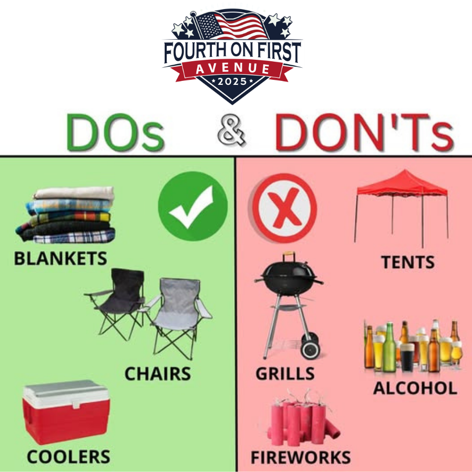 Dos: blankets, chairs, coolers. Don'ts: tents, grills, alcohol, and fireworks