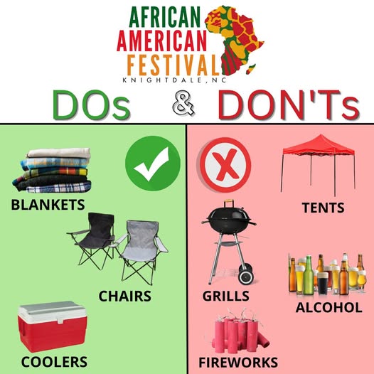 Dos: blankets, chairs, coolers. Don'ts: tents, grills, alcohol, fireworks