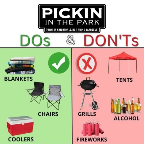 Dos: Blankets, Chairs, Coolers. Don'ts: Tents, Grills, Alcohol, Fireworks