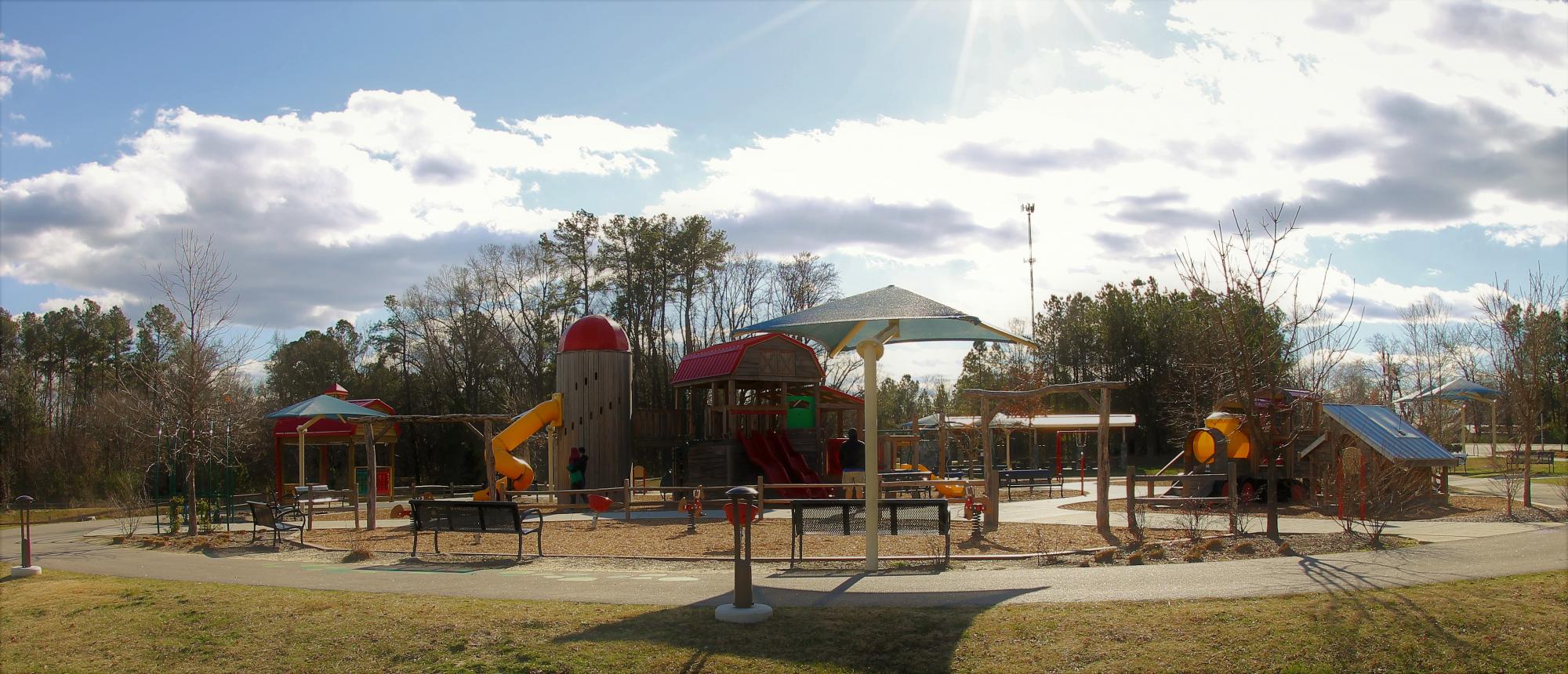 Playground equipment at Knightdale Station Park in Knightdale, NC